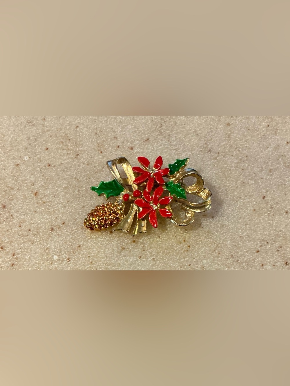 Gold-Tone Holiday Poinsettia and Pinecone Brooch - Red & Green